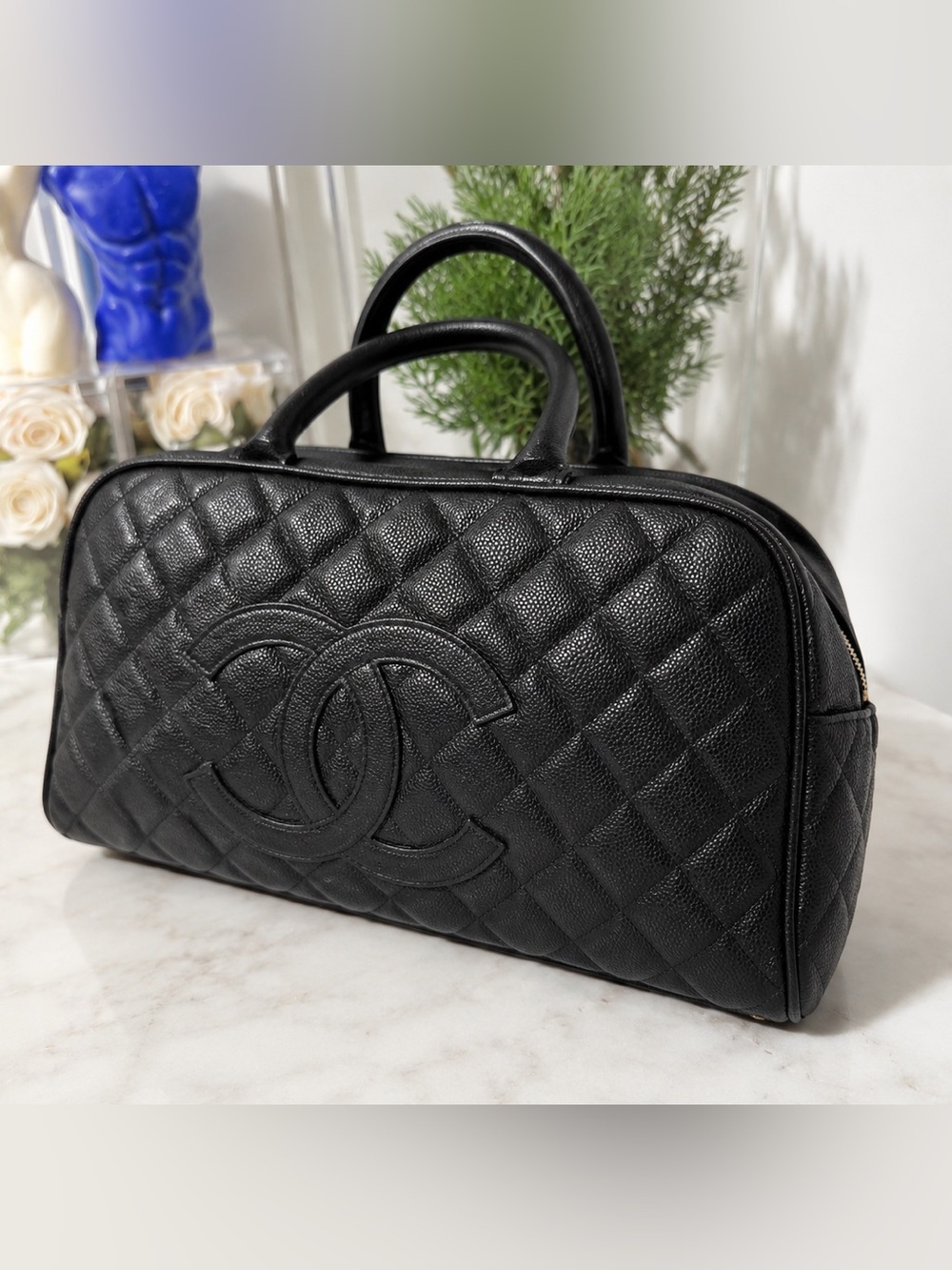 CHANEL Black Quilted caviar Leather Satchel with Top Handles bowling bag